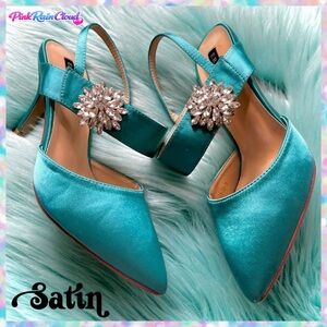 Erijunor Teal SATIN Crystal Embellished Slingback Heels Women's 7